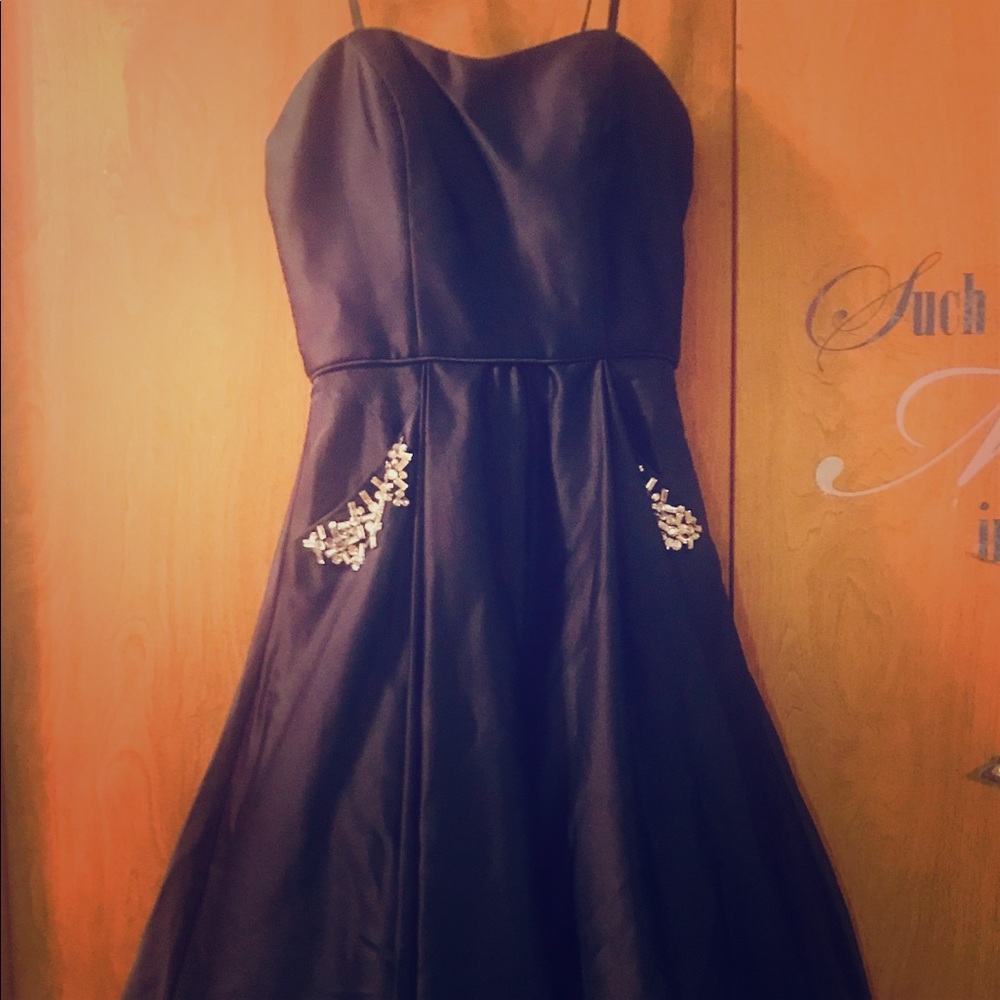 Navy Blue gown with rhinestone trimmed pockets